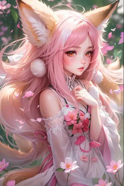 Nine snow-white fox tails (1.0), milky fox tail (1.0), fox close-up of nine tails, nine-tails, nine-tails, anime girl with pink hair and pink dress with flowers on her hair, very beautiful anime fox girl, beautiful anime fox girl, beautiful fantasy anime, ...