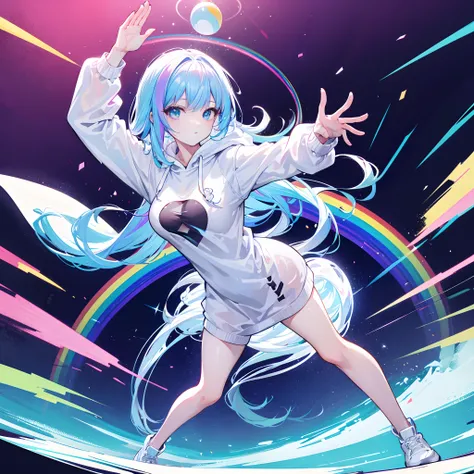 Full body like，Solo，angelicales，Wear a transparent white plastic sweatshirt，busty figure，Wave on stage，There is a huge rainbow ball floating overhead，Colorful fluorescent hair