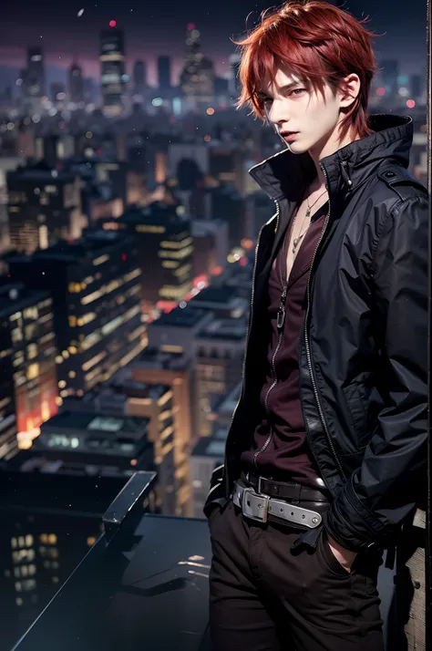 anime character with red hair and a black jacket, with red hair, anime handsome man, male anime character, 1boy, solo, suoh mikoto, k project, (((vampire))), insanity, malkavian, city in background, (night), smirk, cowboy shot, dynamic lighting