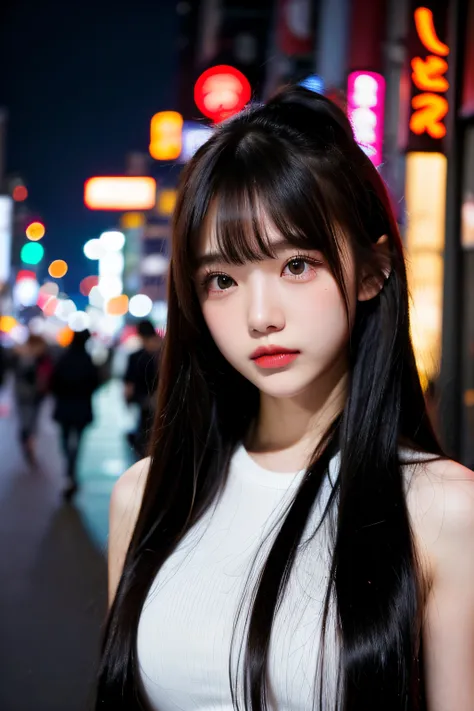 1girl, Tokyo street,night, cityscape,city lights, upper body,close-up, 8k, RAW photo, best quality, masterpiece,realistic, photo-realistic,headgear of red rose, parted bangs, long hair,