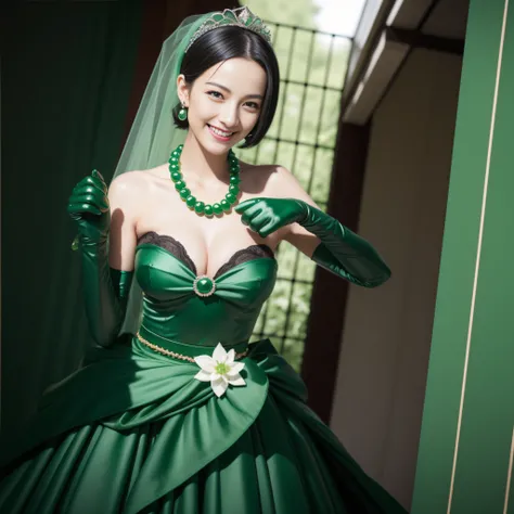 Boyish very short black hair, lipsticks, Japan woman smiling, Green Long Grove,　Emerald Tia boyish very short black hair, lipsticks, Japan woman smiling, Satin green long gloves, Green Pearl Necklace, verd s eyes, Green eyes, Long green gloves made of sati...