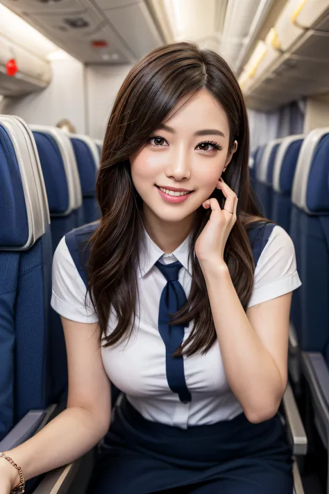 1womanl, 40 years、hyperdetailed face、Detailed lips、A detailed eye、二重まぶた、Brunette Bob Hair、Smiling as you walk slowly down the aisle、(Stewardess uniform:1.2)、(Glamorous body)、(huge tit)、perfect hand, Perfect fingers, thighs thighs thighs thighs, Perfect fit...