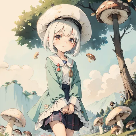 Watercolor illustration, Perfect anatomy, Masterpiece, Best quality, 1girll, Loli,elementary student， Solo, (with short white hair:1.2), Very many mushrooms，Huge mushrooms，Mushrooms penetrate the sky，Nature, landscape