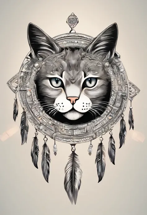 （Cat in the circle of dream catchers），"T-shirt design with cat face silhouette drawing circle, Crescent, and stars in the