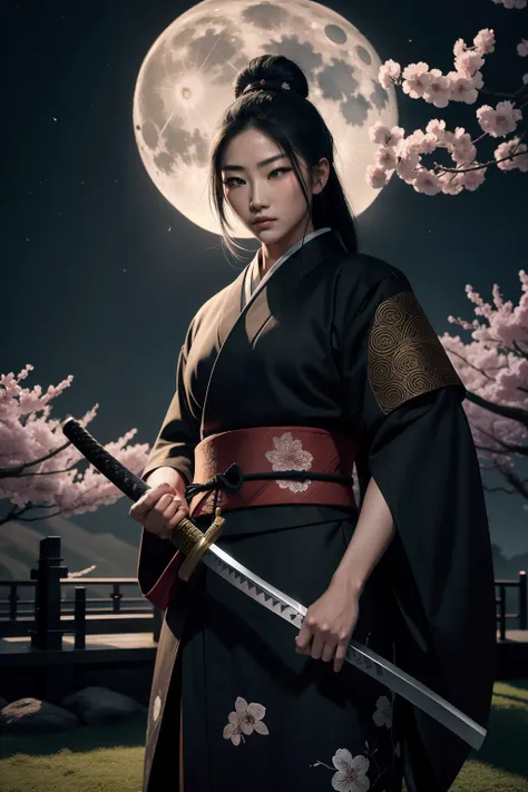 a samurai assassin standing in a moonlit garden, expertly wielding a katana with deadly precision. the killer's eyes sparkle wit...