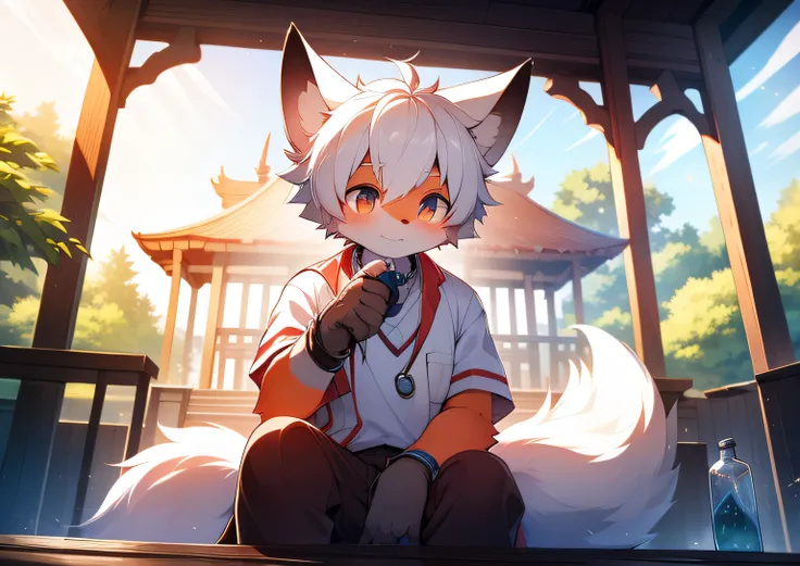 schoolboy，red fox，White hair，Cloudy red streaks，Lab uniforms，Wrist watch，Blue vertical pupils，Small water bottle necklace around the neck，Look sideways，evening light，Long Pavilion，wood bridges，mont