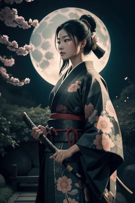 a samurai assassin standing in a moonlit garden, expertly wielding a katana with deadly precision. the killer's eyes sparkle wit...