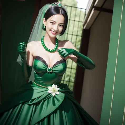 Boyish very short black hair, lipsticks, Japan woman smiling, Green Long Grove,　Emerald Tia boyish very short black hair, lipsticks, Japan woman smiling, Satin green long gloves, Green Pearl Necklace, verd s eyes, Green eyes, Long green gloves made of sati...