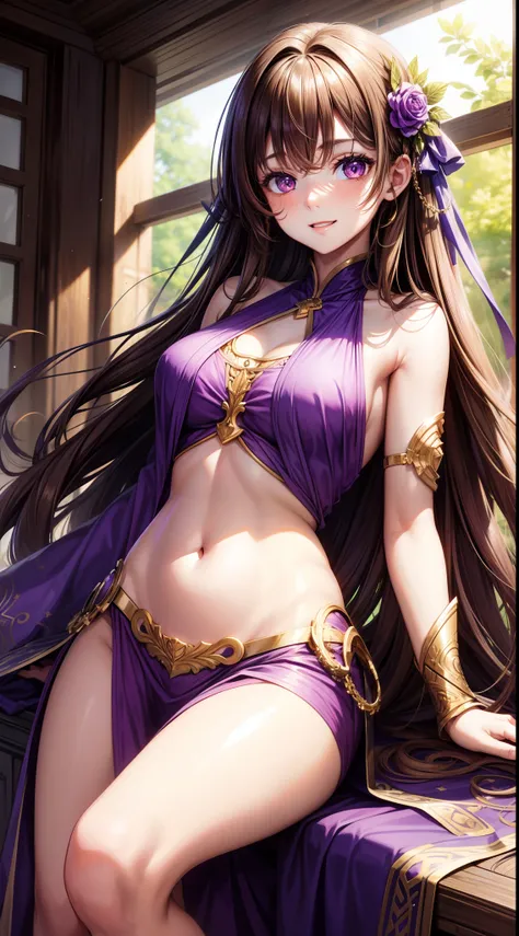 young girl, Long brown hair, Heterochromia, golden and purple eyes, Purple robe, Sleeveless, Deep neckline on the chest, open breasts, open belly, ssmile, Masterpiece, hiquality, high detail, HD, 4k