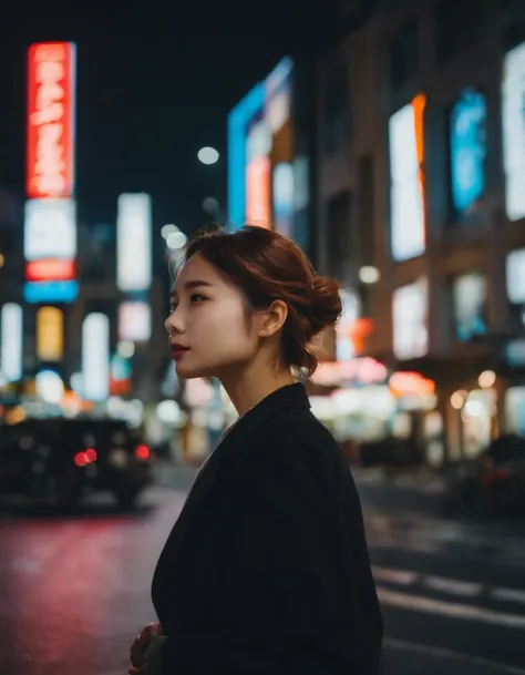 1girl, Tokyo street,night, cityscape,city lights, upper body,close-up, 8k, RAW photo, best quality, masterpiece,realistic, photo-realistic,