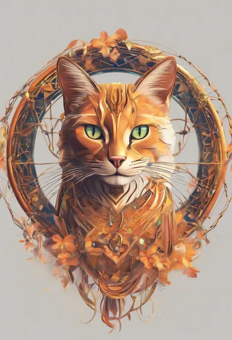 （Cat in the circle of dream catchers），"T-shirt design with circle drawing silhouette of cat face, Crescent, and stars in the