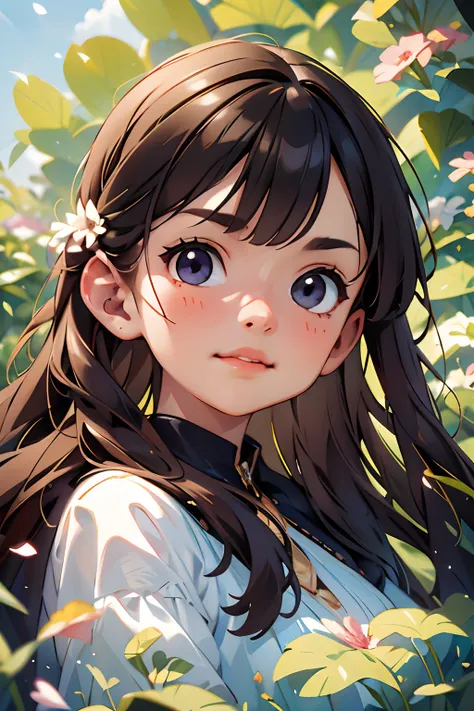 (best quality, masterpiece, ultra-realistic), 1 beautiful and delicate portrait of a girl, playful and cute, with floating petals in the background