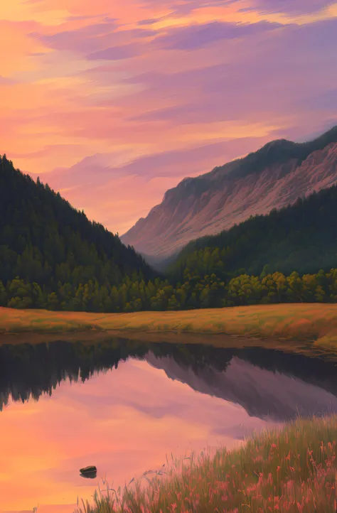 painting of a mountain lake with reflection in the water, twilight ; digital oil painting, detailed painting 4 k, detailed digital painting, 8 k resolution digital painting, 8k resolution digital painting, sunset in a valley, painted landscape, twilight ; ...