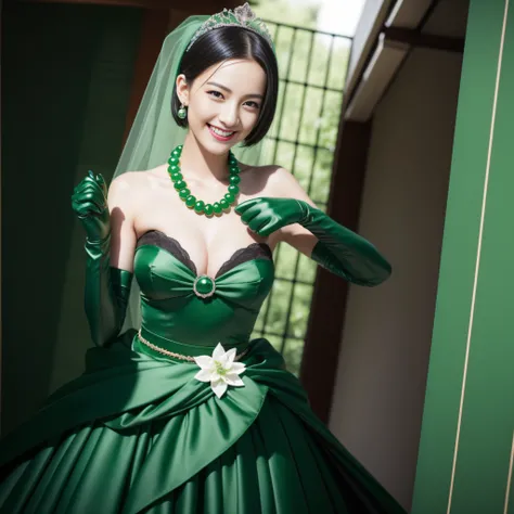 Boyish very short black hair, lipsticks, Japan woman smiling, Green Long Grove,　Emerald Tia boyish very short black hair, lipsticks, Japan woman smiling, Satin green long gloves, Green Pearl Necklace, verd s eyes, Green eyes, Long green gloves made of sati...