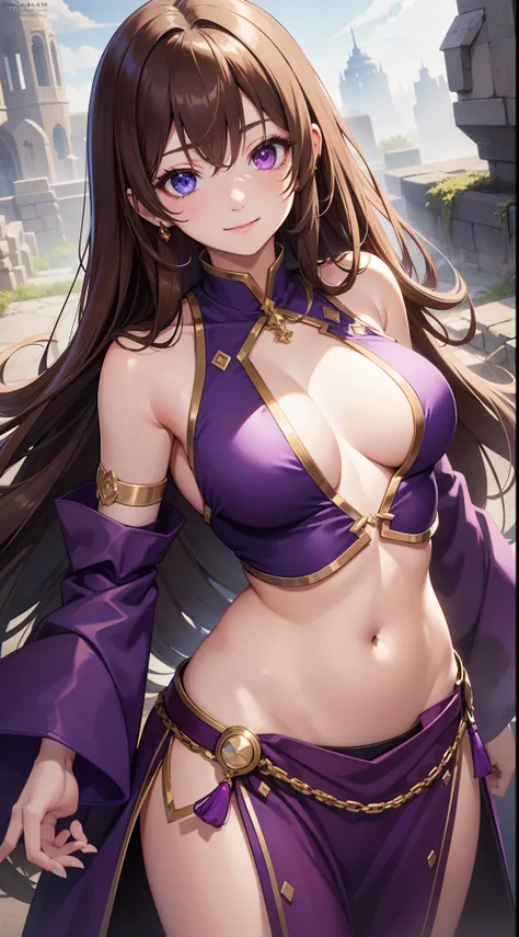 young girl, Long brown hair, Heterochromia, golden and purple eyes, Purple robe, Sleeveless, Deep neckline on the chest, open breasts, open belly, ssmile, Masterpiece, hiquality, high detail, HD, 4k