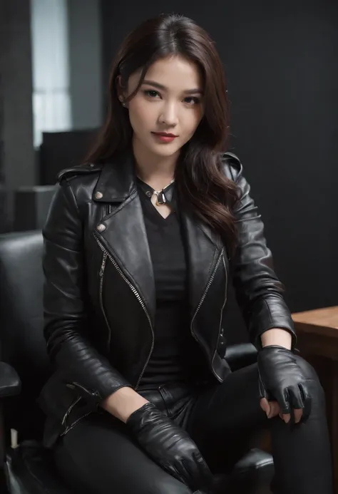 Black leather gloves are worn in both hands Upper body Black leather riders jacket Black leather skinny pants Black leather long boots Necklace on the chest Smile at the desk in the modern study in the dark, long straight black hair Young Japanese woman (b...