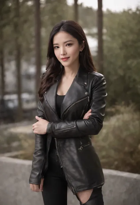 Black leather gloves are worn in both hands Upper body Black leather riders jacket Black leather skinny pants Black leather long boots Necklace on the chest Smile at the desk in the modern study in the dark, long straight black hair Young Japanese woman (b...