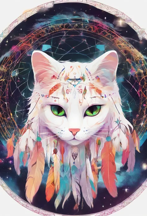 （White cat in the circle of colorful dream catchers），"T-shirt design with circular silhouette of cat face, Crescent, and stars in the