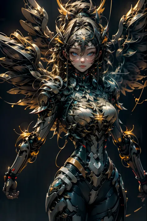 (Best quality, Masterpiece:1.2), Beautiful Chinese girl，It has 6 wings，Holding a glowing sword