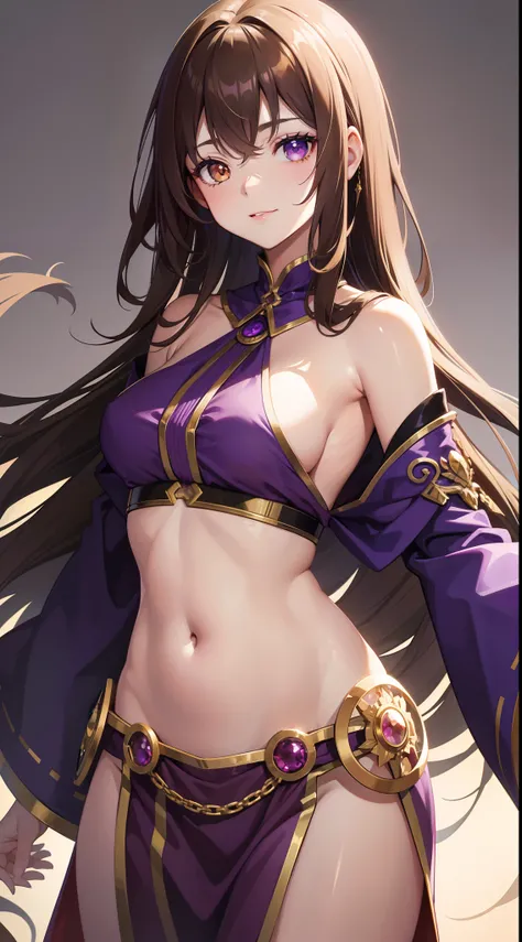 young girl, Long brown hair, Heterochromia, golden and purple eyes, Purple robe, Sleeveless, Deep neckline on the chest, open breasts, open belly, ssmile, Masterpiece, hiquality, high detail, HD, 4k