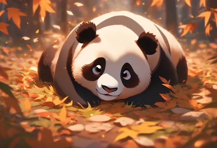 Cute full-body panda lying face down on a bunch of fallen leaves on the ground，Has big eyes，Blushlush，lazy，greet, 。.3D, 4K