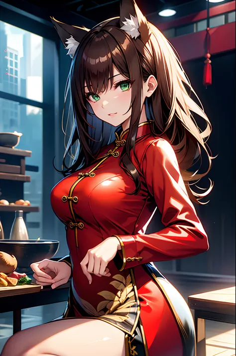 one woman, fox ears, fox tail, mature woman, green eyes, dark brown hair, shiny clothes, Chinese dress, Cheongsam, sexy, SFW, latex