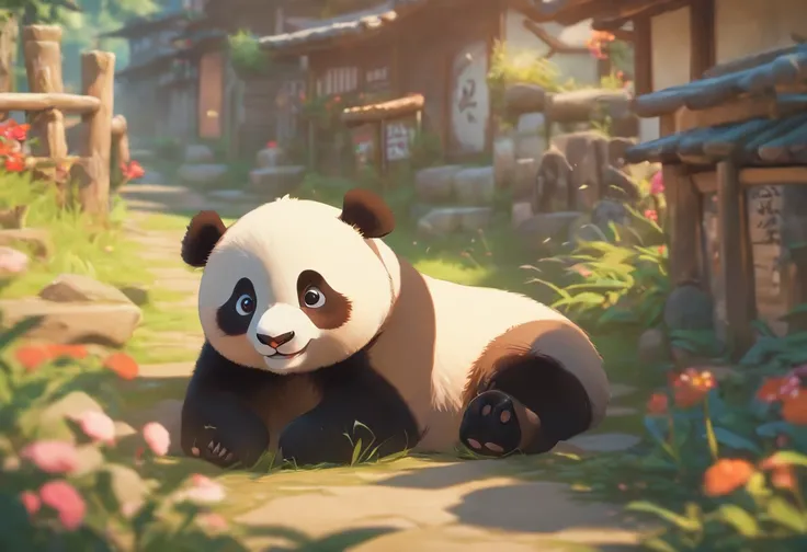 Cute full-body panda lying face down in a small village，Has big eyes，Blushlush，lazy，greet, 。.3D, 4K