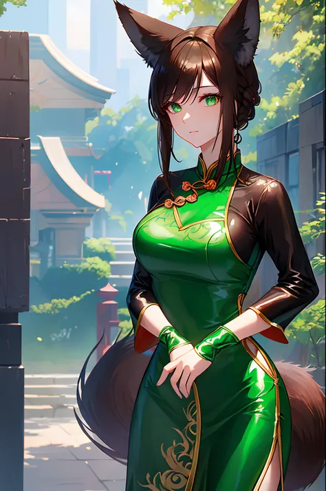 one woman, fox ears, fox tail, mature woman, green eyes, dark brown hair, shiny clothes, Chinese dress, Cheongsam, sexy, SFW, latex