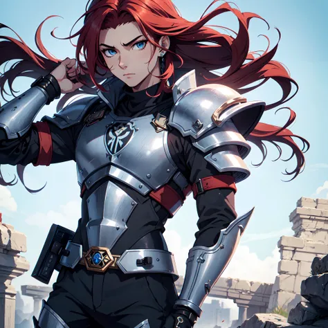 Ultra High Definition, Ultra High Quality, Extremely Detailed, Perfectly Detailed, Masterpiece, 8k, 1 Boy, Look A Like Xin From Kingdom Anime, Handsome, Equipped With All Solid Black Paladin Armor, Solid Light Blue Eyes, Long Red Hair, Body Shot, Ancient K...