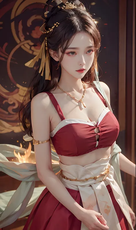 （RAW photogr，best qualtiy）， best qualtiy， The is very detailed， tmasterpiece， ultra - detailed， illustratio， one-girl， （huge boob，cleavage）， dynamic angle， best qualtiy， extremely detailed CG unity 8k wal，电影灯光，Dunhuang-style women wear waist skirts，Upper b...