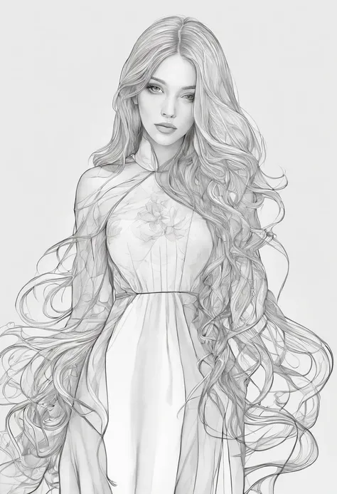 obra maestra, mejor calidad, defined black lines, dibujo para colorear, 1girl, solo, agua, chica abrazando tulipanes, long hair, curly hair, fondo simple, fondo blanco, monocromo, lineart, ((sketch))