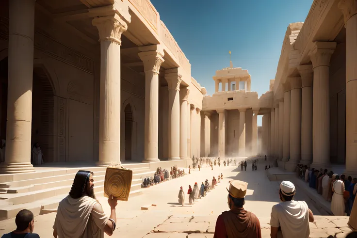 2.500 b.c. painting of a man in a white robe and a group of assyrian people in front of a building, in a major mesopotamian city...