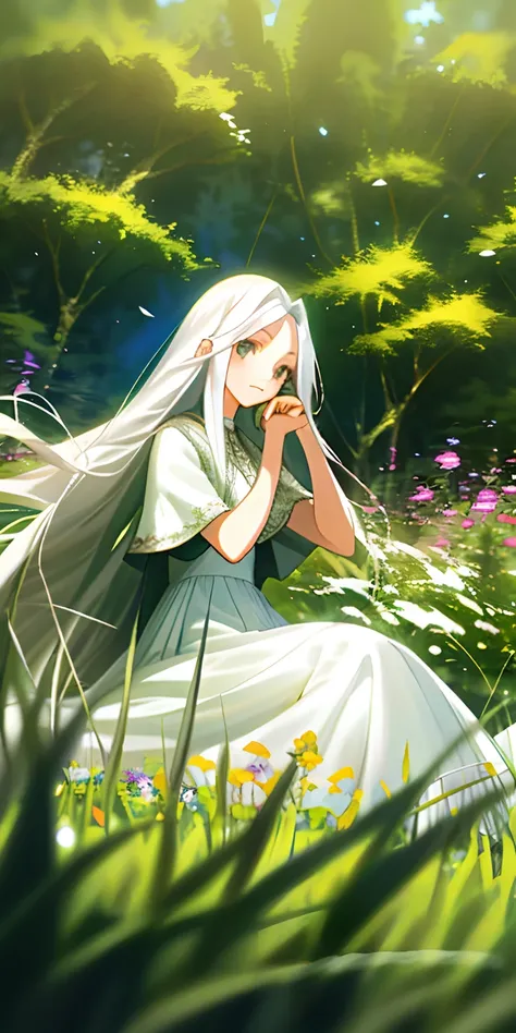 （tmasterpiece，best qualtiy），1 girl with long white hair sitting in a field of greenery and flowers，her hand under her chin，warmly lit，white dresses，Blurred foreground，Exposing  and