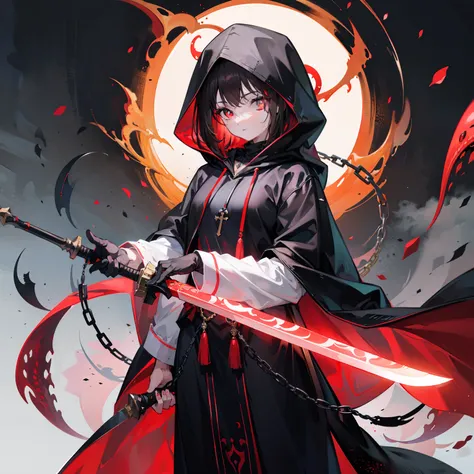 brunette color hair，Black hooded cape，red pupils，Delicate facial features，Red religious motif decoration，Holding a long red sword，There are eyeballs on the hilt，Dark wind，Cthulhu，tmasterpiece