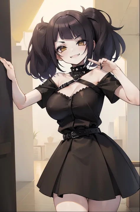 masterpiece, best quality, high quality, 1 girl, solo, Broadly Smiling, Open Mouth, Fangs Out, huge Breasts, Blush Eyeshadow, blue hair, ((Medium short hair)), ((messy Hair)), (Short hair), (((Unkempt hair))), ((big sized short twin tails)), ((diagonal ban...