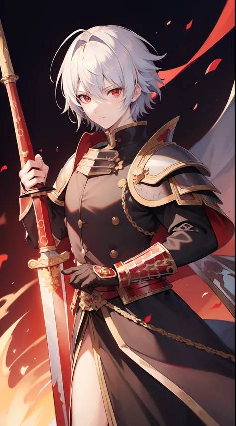 Anime,(masterpiece:1.5), highlydetailed, ultra-detailed, Anime, 1boy，solo，male, {white hair:red eyes},short detailed hair， (Black armor)short cloak, red clothing, black armor, {black and red flaming greatsword} ，(giant sword:1.3)，火焰