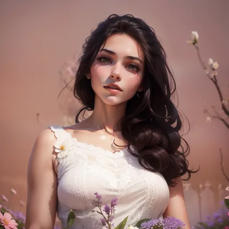 Beautiful young woman standing at the garden full of flowers.