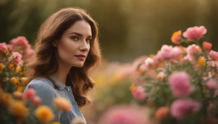 Beautiful young woman standing at the garden full of flowers.