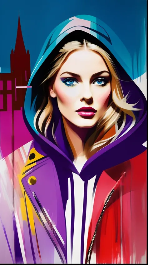 David downton fashion illustration, mustafa soydan art, blonde woman blue eyes, cute, purple hoodie, red leather jacket, feminine, change background day city street, fresh color, artistic brushstrokes