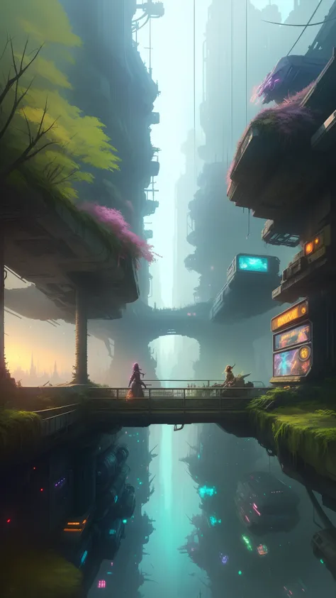 watercolor,rough watercolor,there is a girl on a bridge over a river, paul lehr and beeple, cyberpunk in foliage, cyberpunk garden, lush foliage cyberpunk, in fantasy sci - fi city, andreas rocha style, arstation and beeple highly, cyberpunk dreamscape, ur...