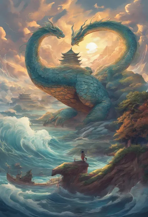 China-style，Chinese mythology，Dragon turtle，Longhorn faucet，Turtle body，Heavy tortoiseshell shell，The tail of the snake grows out，has horns on its head，tosen，Ferocious，gargantuan，The eyes glow blue light，the sea，Huge waves，surrounded by cloud，中景 the scene ...