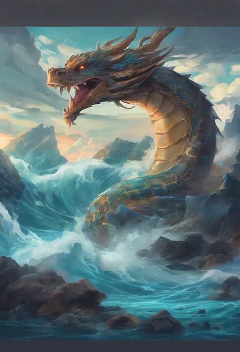 China-style，Chinese mythology，Dragon turtle，Longhorn faucet，Turtle body，Heavy tortoiseshell shell，The tail of the snake grows out，has horns on its head，tosen，Ferocious，gargantuan，The eyes glow blue light，the sea，Huge waves，surrounded by cloud，中景 the scene ...