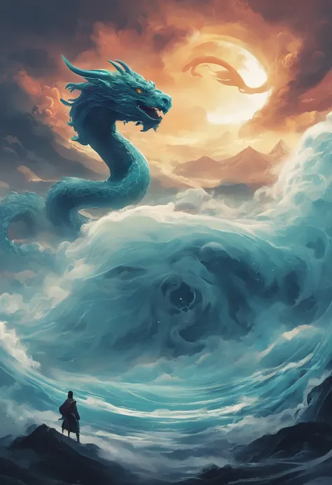 China-style，Chinese mythology，Dragon turtle，Longhorn faucet，Turtle body，Heavy tortoiseshell shell，The tail of the snake grows out，has horns on its head，tosen，Ferocious，gargantuan，The eyes glow blue light，the sea，Huge waves，surrounded by cloud，中景 the scene ...