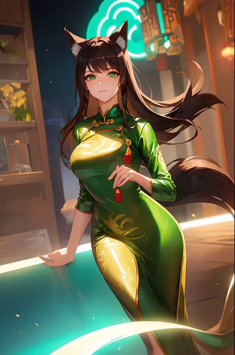 one woman, fox ears, fox tail, mature woman, green eyes, dark brown hair, shiny clothes, Chinese dress, Cheongsam, sexy, SFW, latex