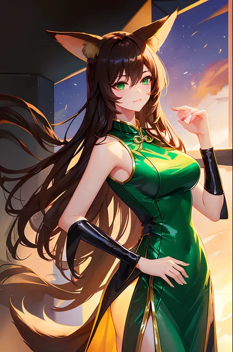 one woman, fox ears, fox tail, mature woman, green eyes, dark brown hair, shiny clothes, Chinese dress, Cheongsam, sexy, SFW, latex