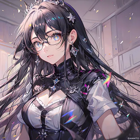 a girl, with long hair and glasses, is in the classroom, olhando pela janela, Um dia, detalhes intrincados, best quality, (muito detalhado CG unificado 8k wallpaper, master part, best quality, super detalhado, Melhores Sombras), (Antecedentes detalhados :1...