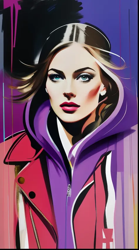 David downton fashion illustration, mustafa soydan art, blonde woman blue eyes, cute, purple hoodie, red leather jacket, feminine, change background day city street, fresh color, artistic brushstrokes