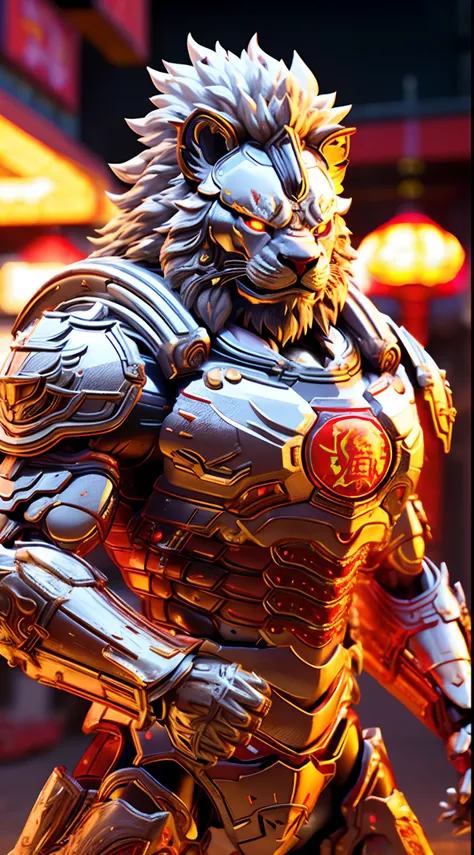 CHINESE LION, LION HEAD, HEAVY CRYSTAL ARMOR, TRANSPARANT, MUSCLE BODY.