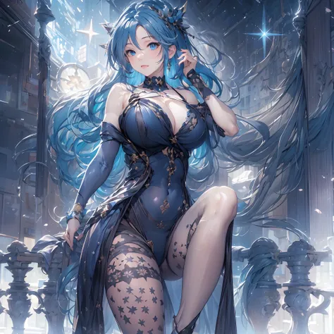 ((Masterpiece, Highest quality)), perfectly proportions，CharacterDesignSheet，full bodyesbian，Sexy woman，blue colors，lacepantyhose，Starry Sky Stage，Star decoration，Natural light