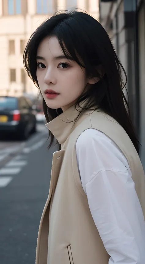 Best quality, Masterpiece, 超高分辨率, (Photorealistic:1.5), RAW photo, 1girll, Gilet blanc, Street background , deepshadow, low tune, Cold light, Sexy look, Long hair